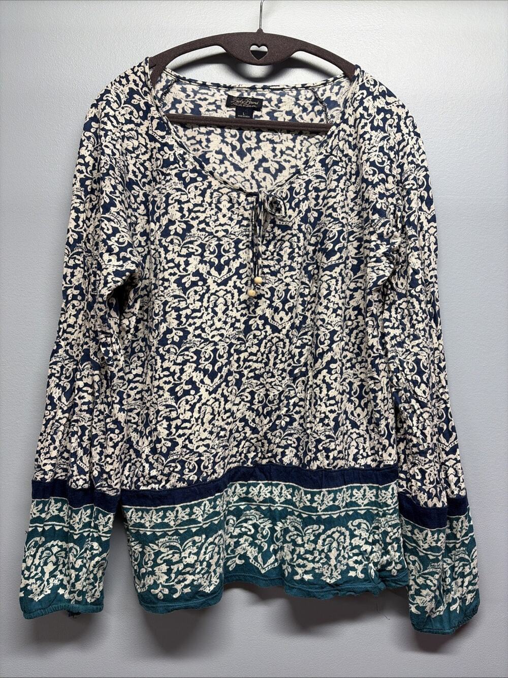 Lucky Brand Women's Sz Large - Blue/Green Long Sleeve Beaded Tie Boho Knit Top